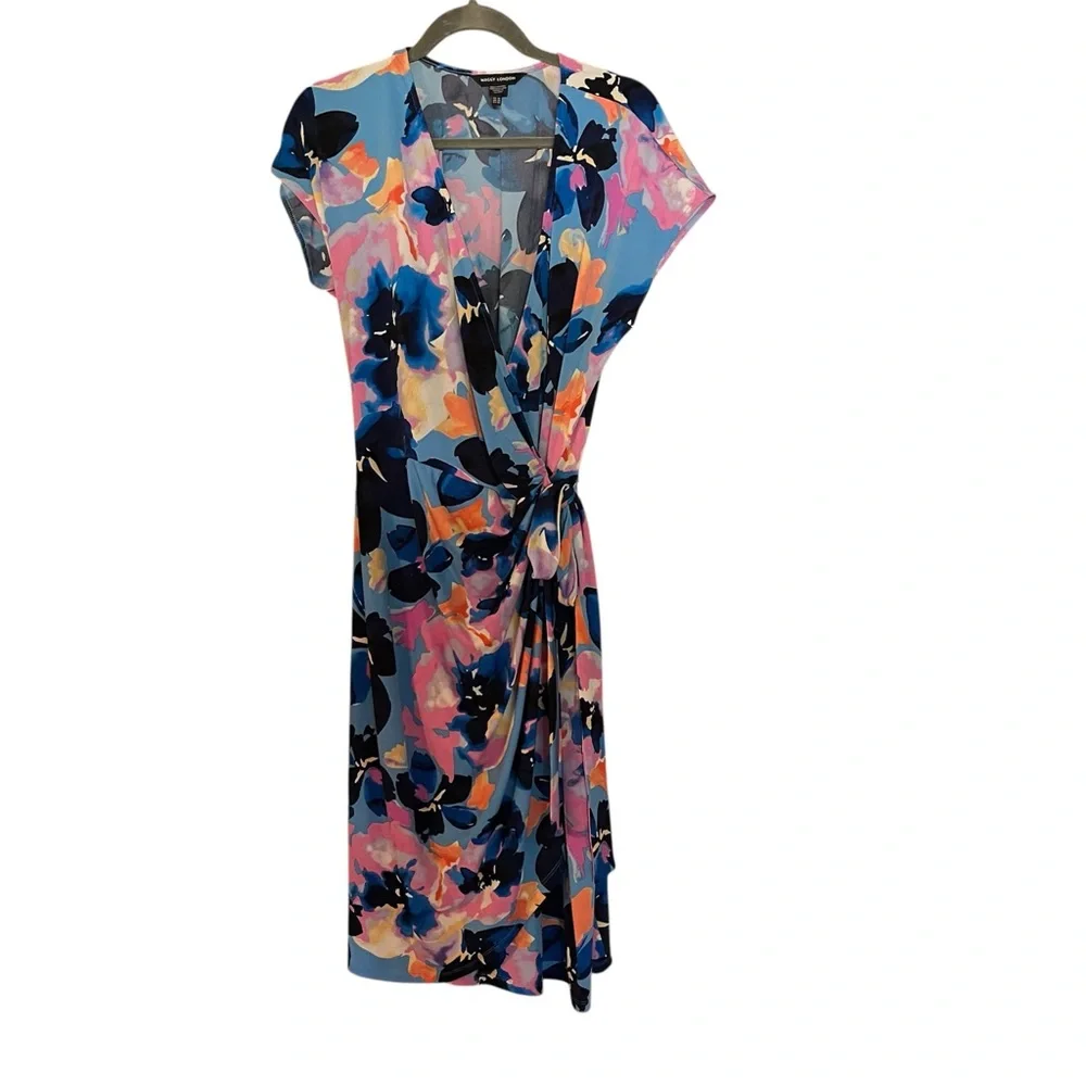 Maggy London Colorful Wrap Vneck Womens Dress Size 16 Tie - Picture 1 of 7